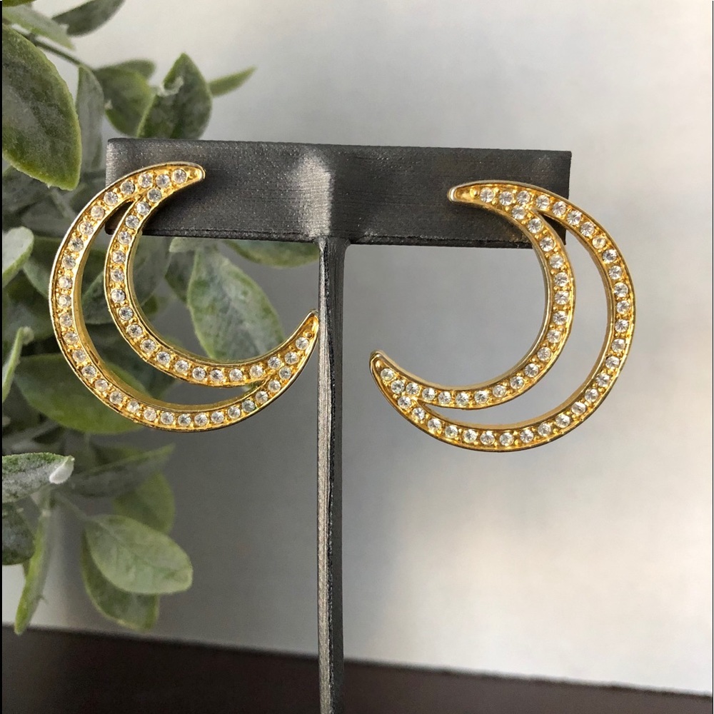 Double Crescent Crystal Gold Finish Earrings